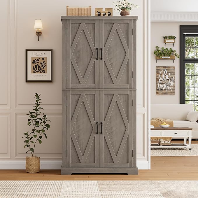 HOSTACK 64" Tall Pantry Cabinet, Modern Farmhouse Kitchen Pantry, Wood Bathroom Storage Cabinet, Large Bookcase, 4 Doors|Adjustable Shelves, for Dining Room, Living Room, Home Office, Ash Grey-DeskLoop Office