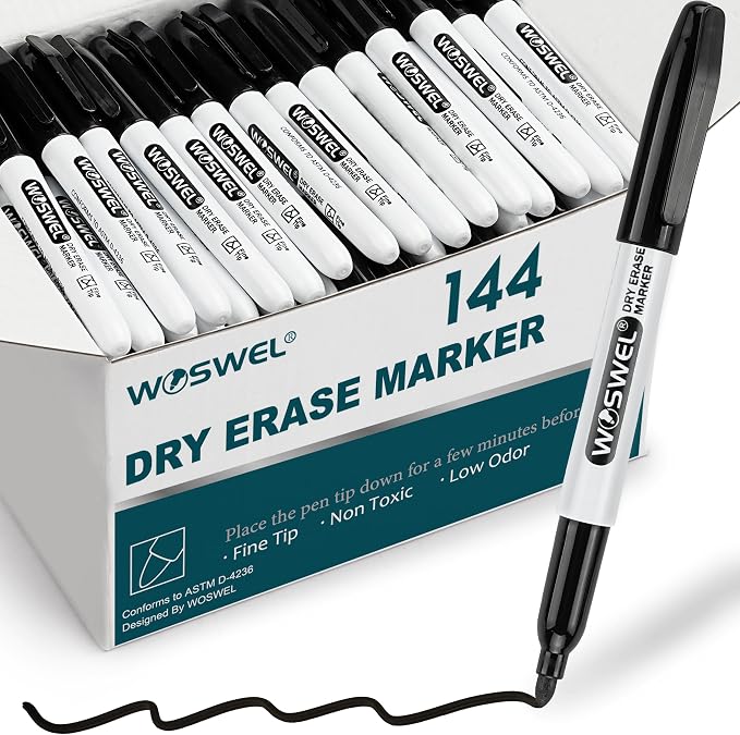 WOSWEL Dry Erase Markers Bulk, 144 Pack Black Fine Tip Whiteboard Marker by WonderfulOptions