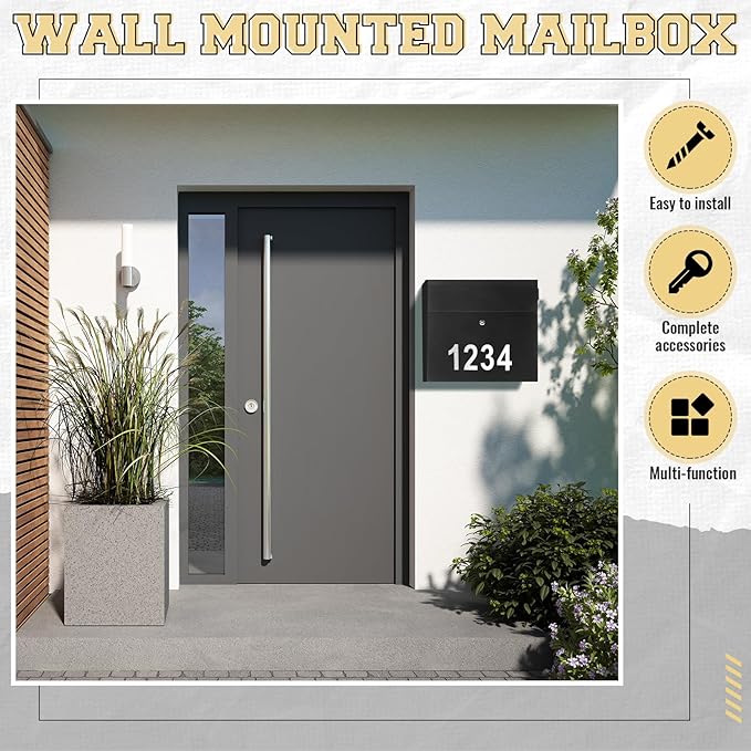 Extra Large Wall Mount Mailboxes for Outside 18 x 16.5 x 7 Inches Locking Security Mail Box Galvanized Steel Wall Mailbox Large Capacity Post Box with Key Lock and Reflective Stickers(Black)-DeskLoop Office