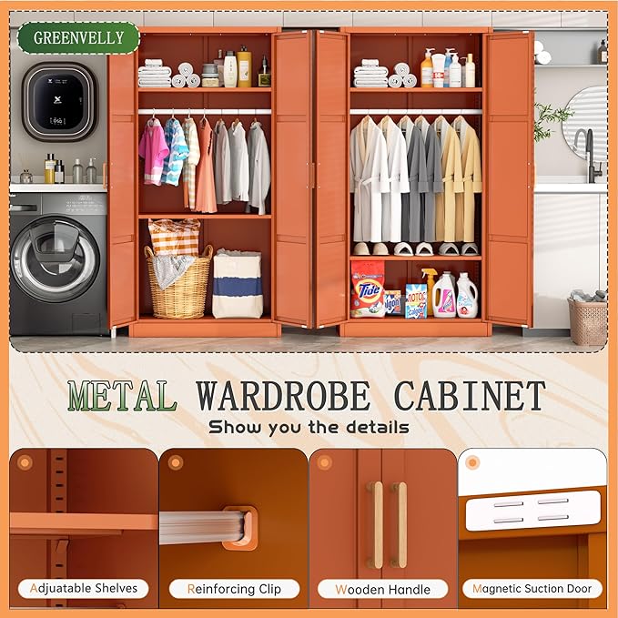 Greenvelly Metal Wardrobe Cabinet with Wooden Handle, 72" Metal Wardrobe Closet with Hanging Rods and Adjustable Shelves, Clothing Storage Closet Cabinet for Home, Office, Employee, Gym (Brown)-DeskLoop Office