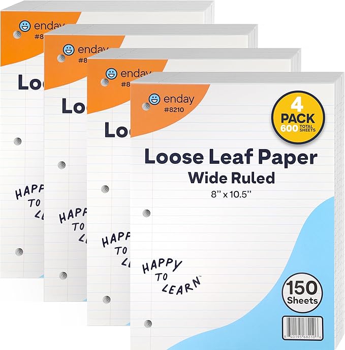 Loose Leaf Paper Wide Ruled Notebook Paper, 8" x 10.5" Filler Paper White, 3 Hole Punched Binder Paper for 3 Ring Binders, Lined Paper 150 Sheets Per Pack (4 Pack) - By Enday-DeskLoop Office