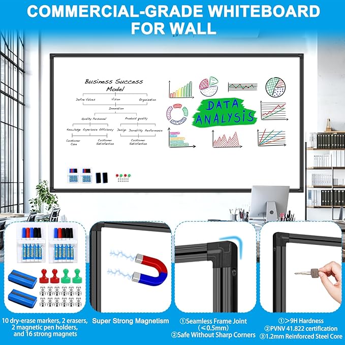 H-Qprobd 96"x48" White Board for Wall Commercial-Grade Large Magnetic Dry Erase Board with with All Kits, 4'x8' Presentation Whiteboard for Office, Gov't, Classroom & Conference Rooms, Home-DeskLoop Office