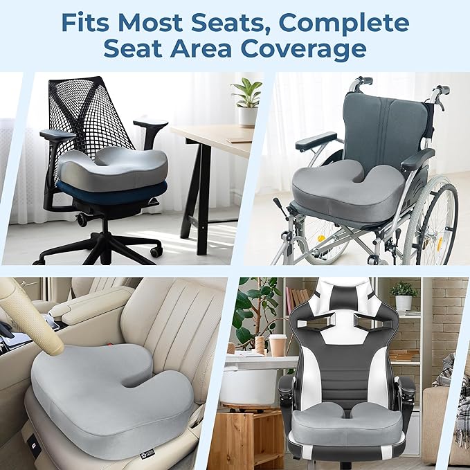 5 STARS UNITED Seat Cushion for Tailbone Pain Relief – Large Memory Foam Lifting Pillow for Coccyx, Hip, Sciatica & Post-Surgery Recovery – Wheelchair, Car, Desk, Gaming & Office Chairs, Light Gray-DeskLoop Office