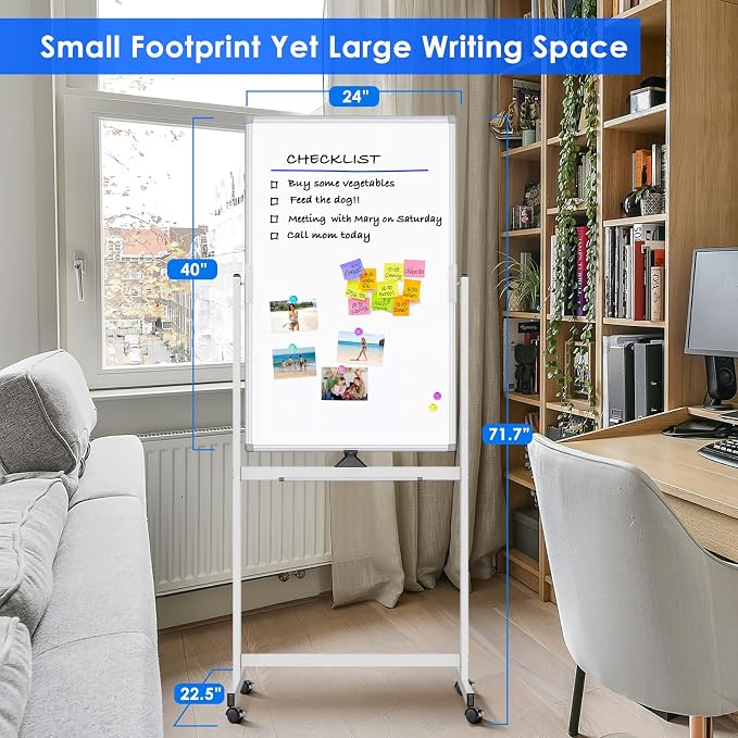 Magnetic Mobile White Board, 40 x 24 Double Sided Dry Erase Board Rolling - Image 2