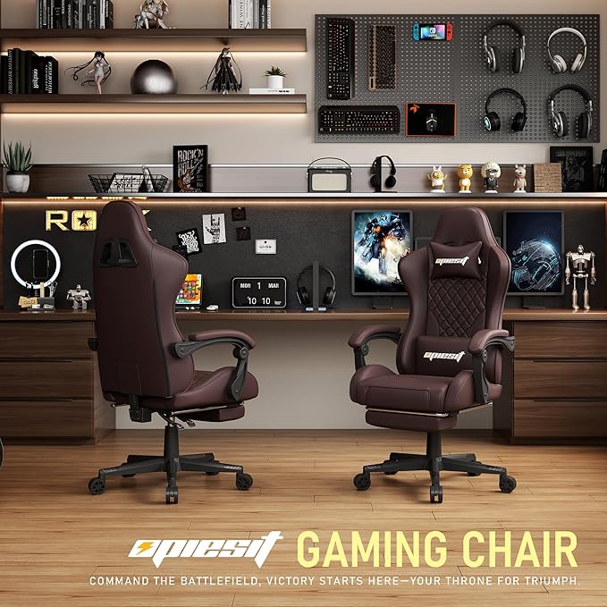 Gaming Chair,Ergonomic Computer Chairs for Adults with Footrest, PU Leather Office Chair with Adjustable Lumbar Support & Pocket Spring Cushion - Heavy Duty 400lb Capacity Gamer Chair (Brown)-DeskLoop Office