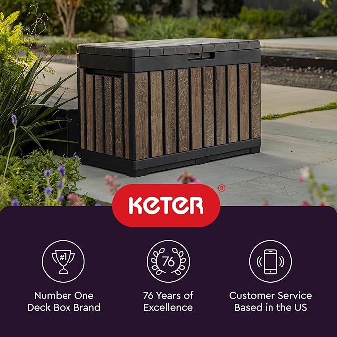 Keter Signature Everwood 50 Gallon Resin Outdoor Storage Box and Patio Furniture Side Table for Pool and Garden Accessories, Walnut-DeskLoop Office