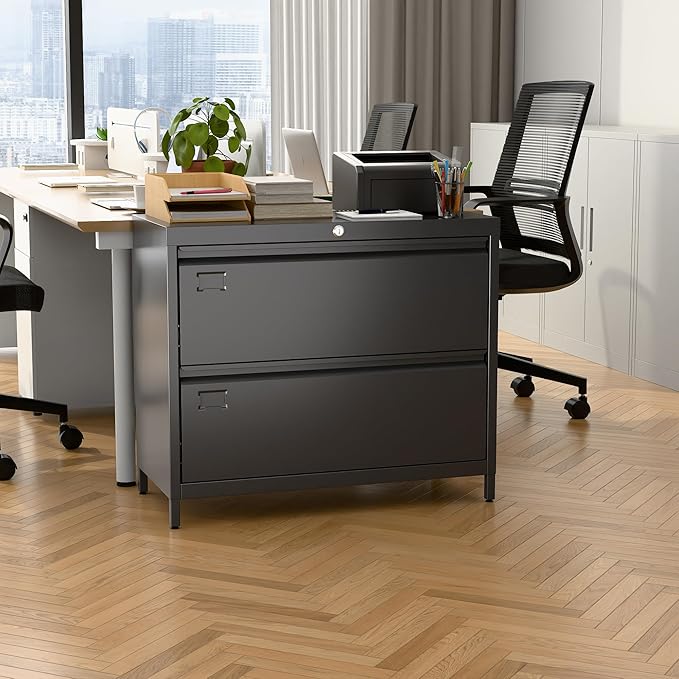 Metal 2 Drawer Lateral File Cabinet with Lock & Adjustable Feet - Wide Filing Cabinet for Letter/Legal/F4/A4 Hanging Files - Includes Business Card Holder,Home Office School Storage,Black-DeskLoop Office