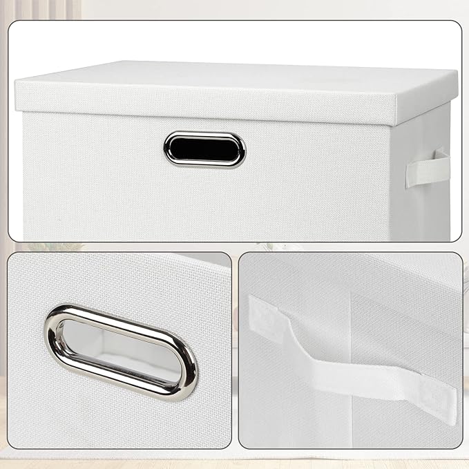 Large 17" 36 Quart Collapsible Stackable Storage Bins with Lids, 1 Pack White Foldable Fabric Closet Storage Boxes with Lids, 4 Handles Heavy-duty Linen Cube Baskets for Bedroom-DeskLoop Office