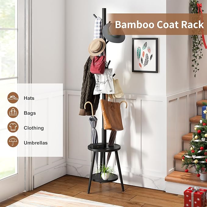 FILWH Freestanding Coat Rack with Umbrella Organizer Tray Bamboo Coat Tree Rack with 8 Hook Stand for Clothes Bag Hats Entryway Hanger Stand(Black)-DeskLoop Office