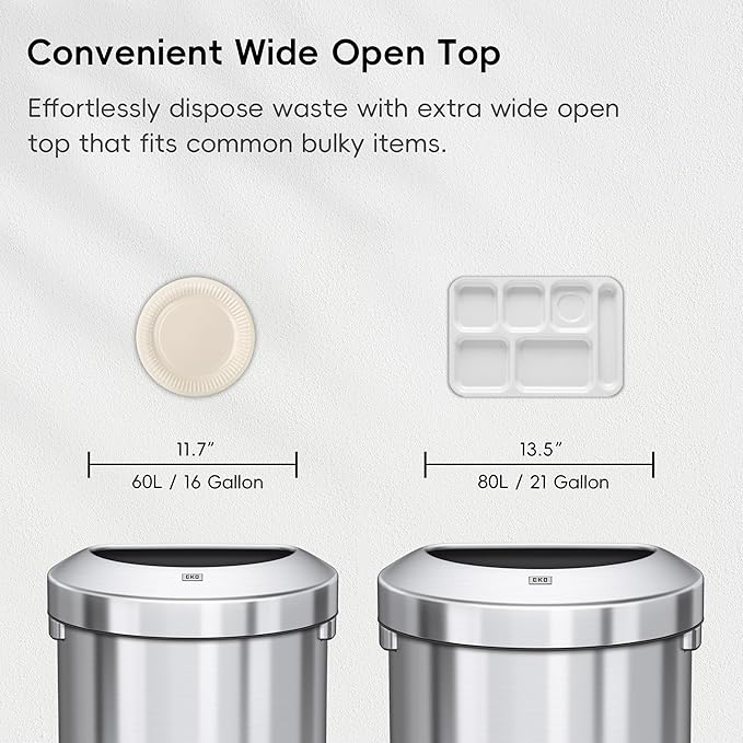 EKO Urban 16 Gallon Semi-Round Open Top Waste Bin, Stainless Steel Half Round Commercial Trash Can for Indoor and Outdoor, Extra Large Metal Garbage Bin for Home, Office, Restaurant, Restroom, 60L-DeskLoop Office
