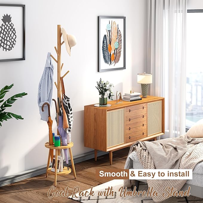 FILWH Freestanding Coat Rack with Umbrella Organizer Tray Bamboo Coat Tree Rack with 8 Hook Stand for Clothes Bag Hats Entryway Hanger Stand(Nature)-DeskLoop Office