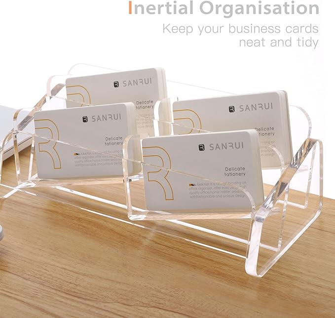SANRUI Business Card Holder for Desk, Slant Clear Acrylic Desktop Cards Organizer, 2 Tier 4 Slots, Holds 240 Cards-DeskLoop Office