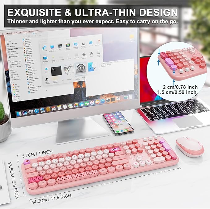 FOPETT Wireless Keyboard and Mouse Combo - 2.4G Full-Sized Cute Colorful Retro Keyboard with Round Keycaps 104 Keys Typewriter Keyboard for Laptop/Windows/PC-Pink Colorful-DeskLoop Office