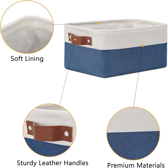 DULLEMELO Set of 6 Small Baskets for Organizing, Small Fabric Storage Bins for Toys Storage, Collapsible Storage Bins with Leather Handles for Shelves, Closets, Laundry, Nursery(White&Blue)-DeskLoop Office