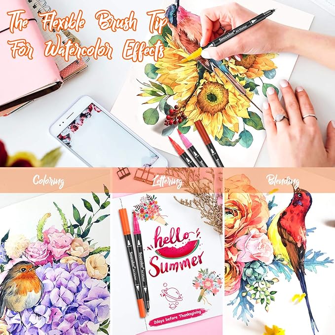 Soucolor Art Brush Markers Pens for Adult Coloring Books, Cute Preppy Stuff School Office Teacher Supplies, 34 Colors Dual Tip (Brush and Fine Point) Drawing Markers for Note Taking Journal Classroom-DeskLoop Office