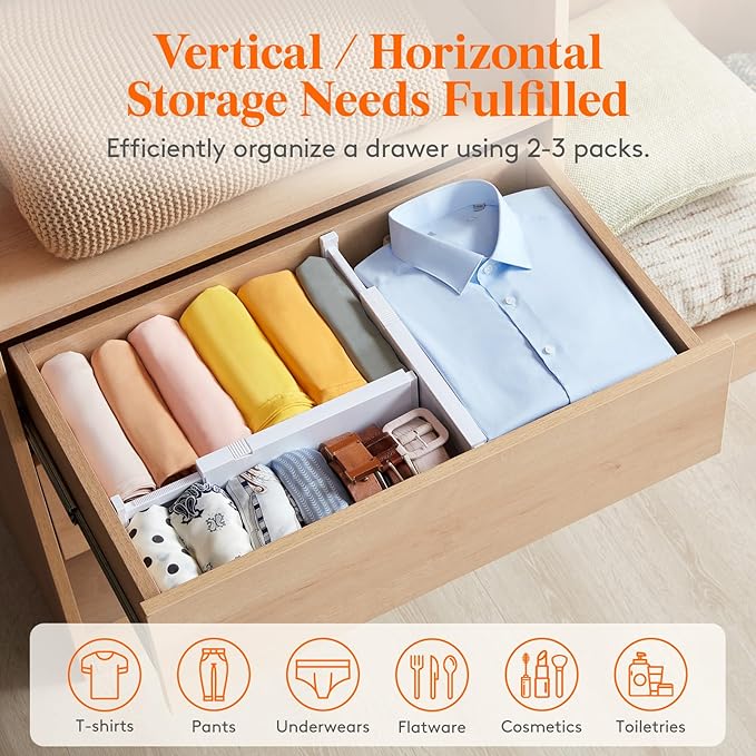 Lifewit 6 Pack Drawer Dividers 4" High, 11-17" Adjustable Clothes Organizers, Expandable Dresser Separators in Bedroom/Bathroom/Kitchen/Office, White-DeskLoop Office