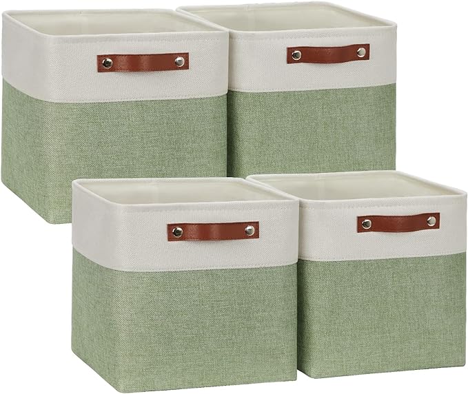 DULLEMELO Storage Baskets for Organizing, Fabric Storage Cubes for Dog Toy Box, 11 Inch Decorative Cube Storage Bins with handle for Baby Gift Basket(4 Pack - 11" White&Green)-DeskLoop Office