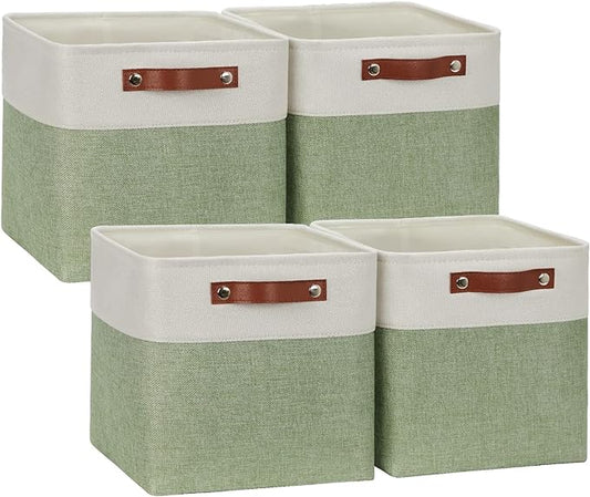 DULLEMELO Storage Baskets for Organizing, Fabric Storage Cubes for Dog Toy Box, 11 Inch Decorative Cube Storage Bins with handle for Baby Gift Basket(4 Pack - 11" White&Green)-DeskLoop Office