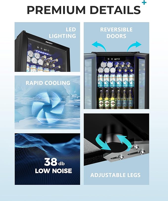 EUHOMY Beverage Refrigerator Cooler - 68 Can Mini Fridge with Glass Door for Soda, Beer, Wine, Small Refrigerator with Digital Temperature Control and Adjustable Shelves for Home Office Bar, 1.7 Cu.ft-DeskLoop Office