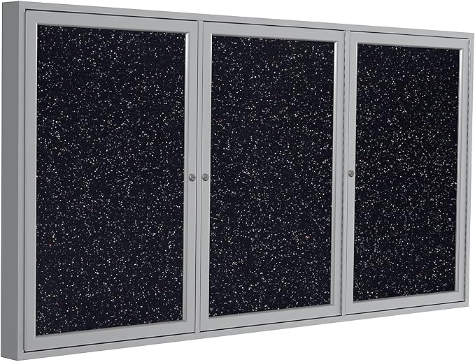 Ghent 48" x 96" 3-Door indoor Enclosed Recycled Rubber Bulletin Board, Shatter Resistant, with Lock, Satin Aluminum Frame,Confetti (PA34896TR-CF)-Made in USA-DeskLoop Office