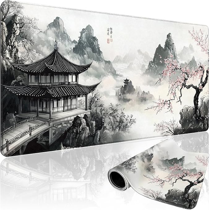 Japanese Black and White Cherry Blossoms Large Gaming Mouse Pad 31.5"x15.7"｜XXL by Mcapirivo
