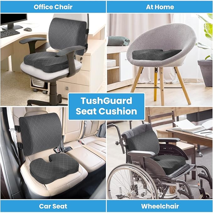 TushGuard Office Chair Cushions with Handles, Back&Seat Cushion, Sciatica & Back Coccyx Tailbone Discomfort Easing Chair Pad, Memory Foam Lumbar Support Pillow for Gaming, Desk, Car (Grey, X-Large)-DeskLoop Office