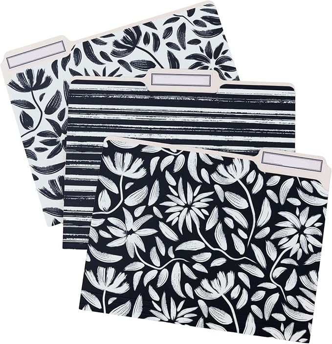 Steel Mill & Co. Set of 9 File Folders, Hand Drawn Black Floral | Thick Sturdy by SteelMillCo