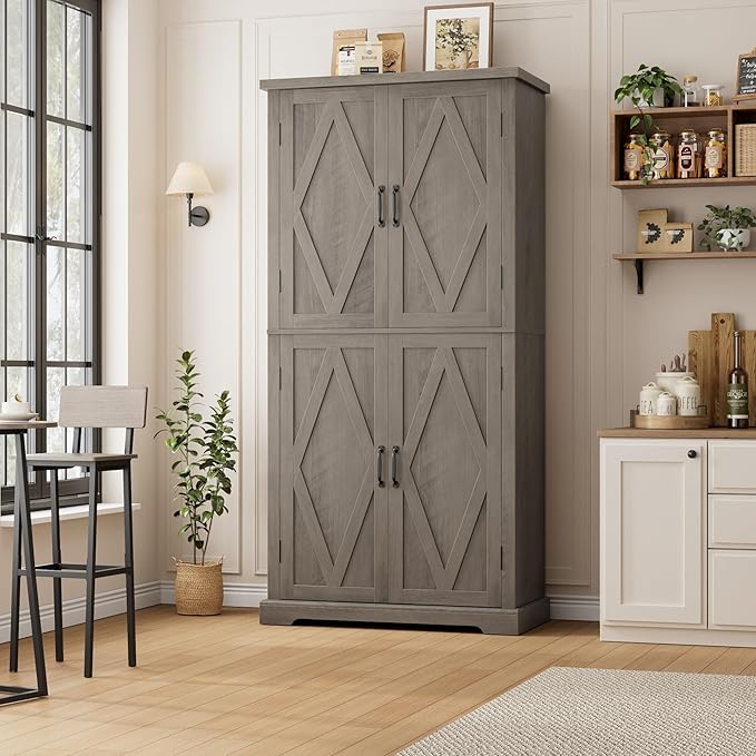 HOSTACK 64" Tall Pantry Cabinet, Modern Farmhouse Kitchen Pantry, Wood Bathroom Storage Cabinet, Large Bookcase, 4 Doors|Adjustable Shelves, for Dining Room, Living Room, Home Office, Ash Grey-DeskLoop Office