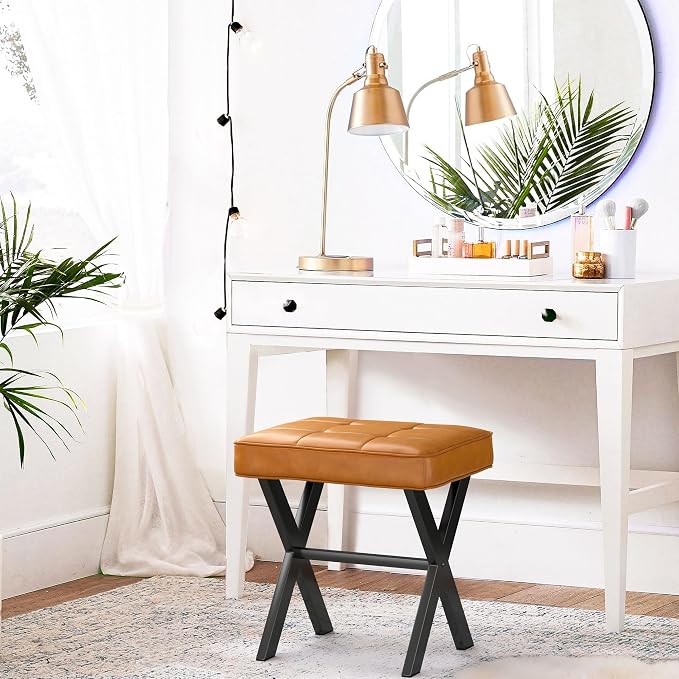LUE BONA Vanity Stool, Faux Leather X-Leg Foot Stool, Small Ottoman Makeup - Image 3