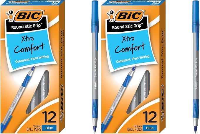 BIC Round Stic Grip Xtra Comfort Blue Ballpoint Pens, Medium Point, Excellent by BIC