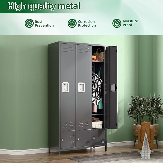 Metal Storage Locker with 3 Big Doors & 3 Small Doors, Lockers for Employees with Hooks for School Garage Office Gym Bedroom,Assembly Required,Dark Grey-DeskLoop Office