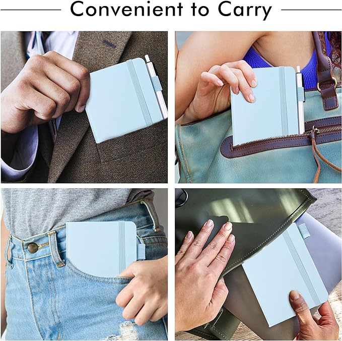 feela 6 Pack Pocket Small Notebooks Bulk, Mini Cute Memo Notepads Hardcover College Ruled Lined Journals with Pen Holder for Women Girls Office School, with 6 Black Pens, 3.5”x 5.5”, A6, Light Blue-DeskLoop Office