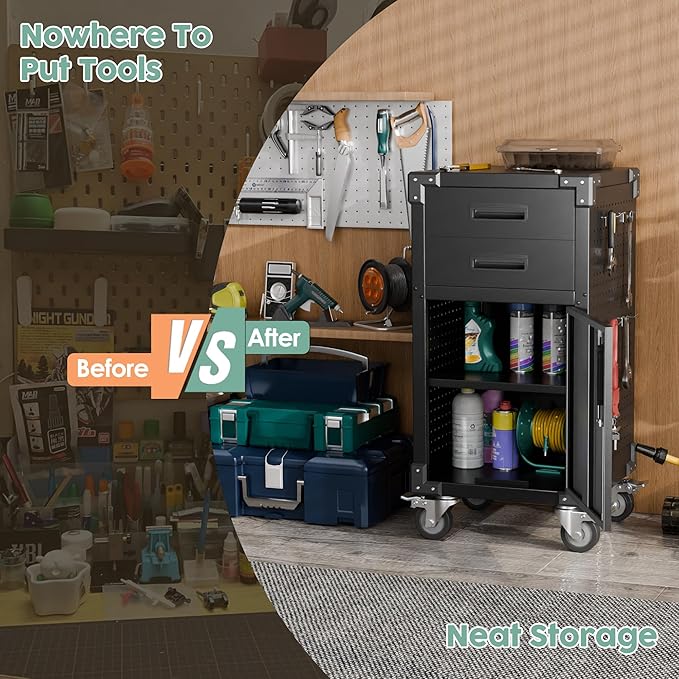 Garage Storage Cabinet, Metal Storage Cabinet with 1 Locking Door and 2 Drawers, Heavy Duty Rolling Workbench Table with Wheels and Pegboards for Garage, Office and Tool Room-DeskLoop Office