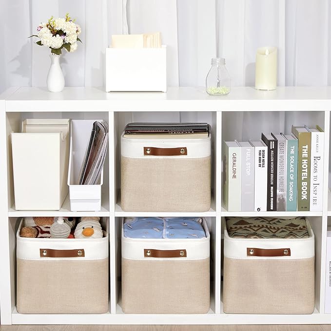 DULLEMELO Fabric Storage Bins for Laundry, Home, Foldable Storage Baskets for Shelves, Toys, Collapsible Storage Bins for Office, Closet,Bedroom(White&Khaki,15"x11"x9.5",4-Pack)-DeskLoop Office