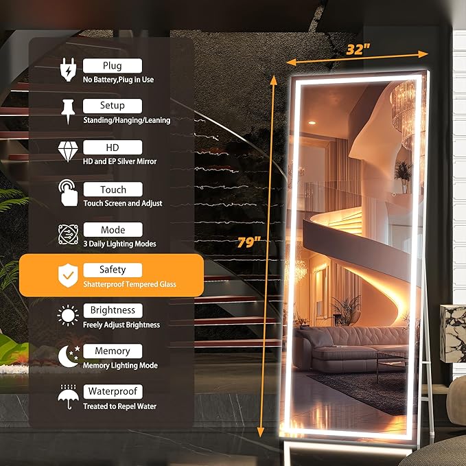 Hasipu Full Length Mirror with Lights, 79" x 32" LED Lighted Floor Standing Mirror, Full Body Dressing Hanging Mounted Mirrors, Dimmable, Tempered Glass, Safe to Use, Square White-DeskLoop Office