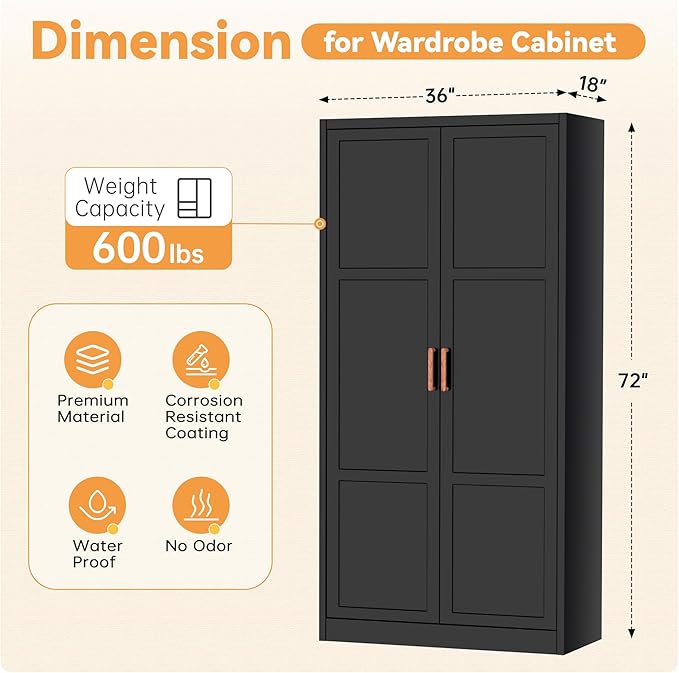 INTERGREAT Metal Storage Cabinet with Hanging Rail, Black Armoire Wardrobe Closet with 2 Doors,72" H Storage Closet Cabinets with Adjustable Shelves and Removable Hanging Rods-DeskLoop Office