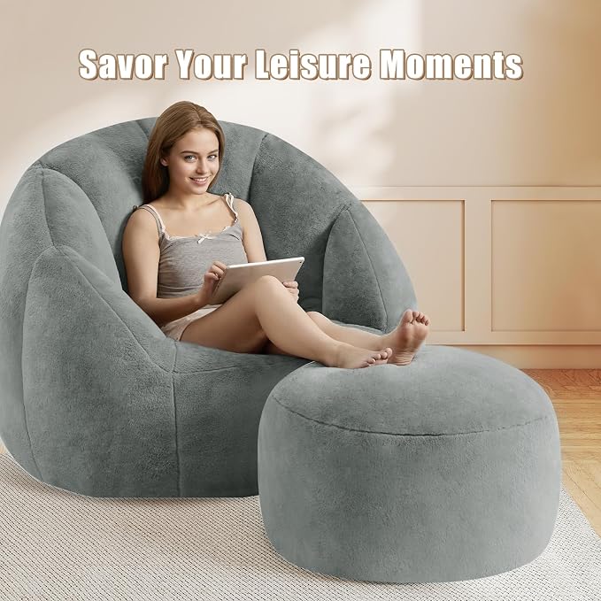 Round Stuffed Pouf Ottoman Foot Rest, Faux Fur Poufs - Image 3