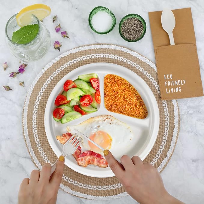 100PCS 100% Compostable 10in Paper Plates, 3 Compartment Heavy Duty Disposable - Image 7