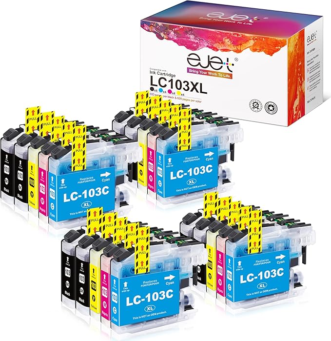ejet Compatible Ink Cartridge Replacement for Brother LC103XL LC103 XL LC101 LC 101 for MFC-J870DW MFC-J6920DW MFC-J6520DW MFC-J450DW MFC-J470DW Printer (8 Black, 4 Cyan, 4 Magenta, 4 Yellow, 20 Pack)-DeskLoop Office