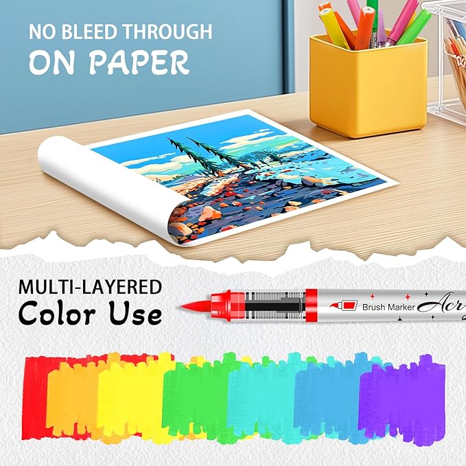 Betem Paint Markers Acrylic Paint Pens, 24 Colors Brush Tip Water Based Markers with Direct Ink System, Permanent Marker Colored Pens, Art Supplies for Rock Painting, Wood, Fabric, DIY Crafts Gift-DeskLoop Office