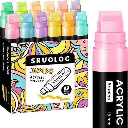 SRUOLOC 12 Pastel Colors Jumbo Markers, 15mm Jumbo Felt Tip, Acrylic Paint by Sruoloc