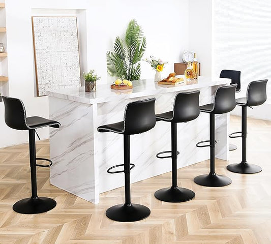 HeuGah Bar Stools Set of 6, Swivel Counter Height Barstools with Back, Adjustable Height 24" to 32", Black Faux Leather Bar Chairs for Kitchen Island (Black, Set of 6 (24'' to 32''))-DeskLoop Office