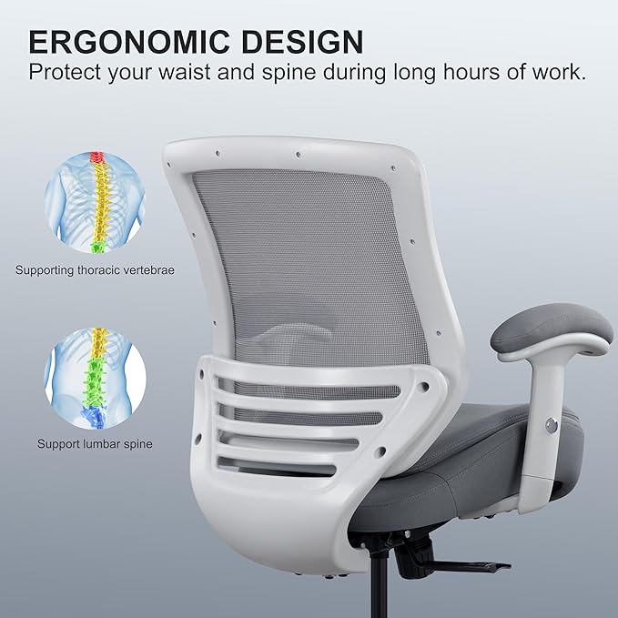 400lbs Double Seat Cushion Office Chair Soft Armrests Executive Ergonomic Computer Desk Chair with Lumbar Support (Grey Frame Grey Fabric)-DeskLoop Office