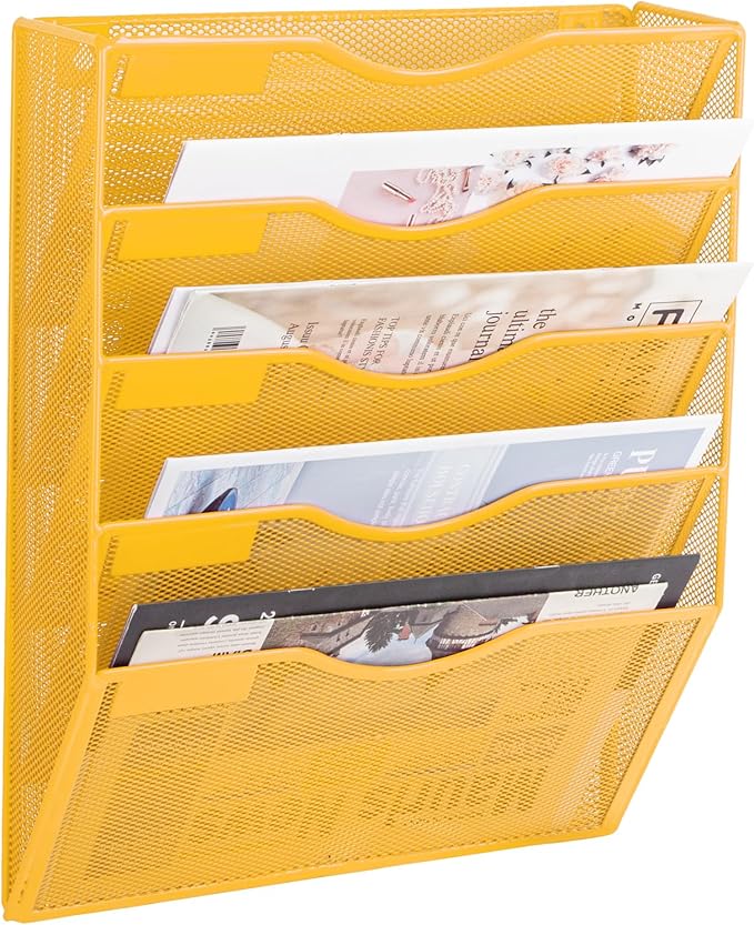 EASEPRES 5 Pocket Mesh Hanging Wall File Organizer, Wall Mounted Mail Paper Document Folder Holder, Clipboard Storage Organization Magazine Rack with Nametag Label for Office Home School, Yellow-DeskLoop Office