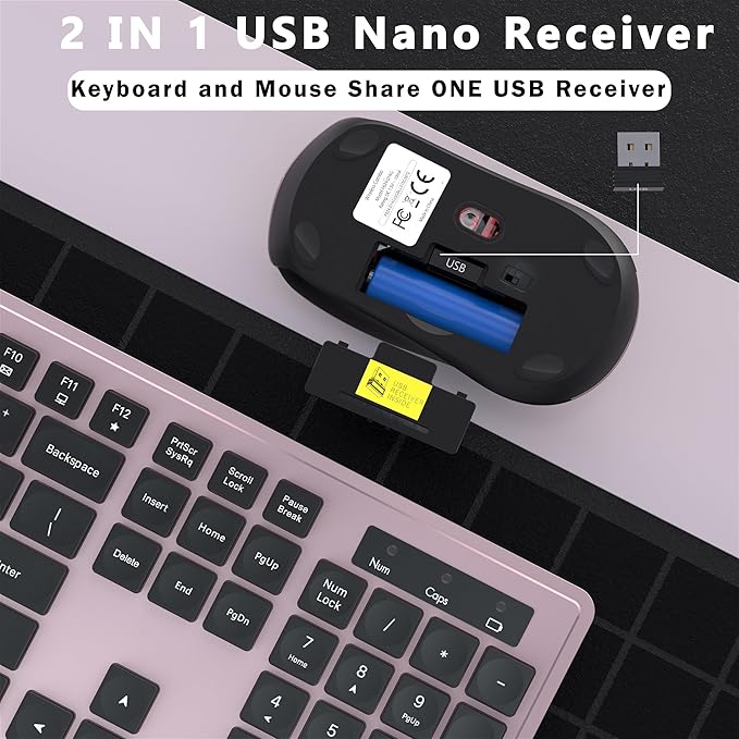 Wireless Keyboard and Mouse Combo, COVEVA 2.4GHz Wireless Keyboard Mouse with USB Receiver, Water-Dropping Keycaps, 104 Keys Full Size with Number Pad for PC Laptop Computer Desktop(Black Pink)-DeskLoop Office
