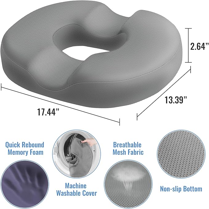 CloudBliss Donut Pillow Seat Cushion Chair Pad for Tailbone Pain Relief and Hemorrhoids, Memory Foam Seat Chair Cushion for Men and Women for Home & Office, (Light Grey)-DeskLoop Office