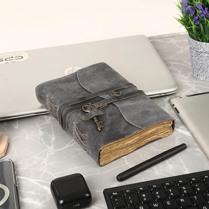 Leather Journal with Deckle Edge Paper 8x6 inch and Vintage Key | Handmade - Image 8