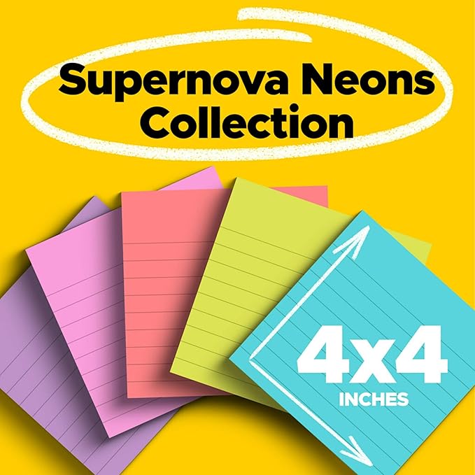Post-it Super Sticky Notes, 4 x 4 in, Supernova Neons, 6 Lined Pads | School - Image 2
