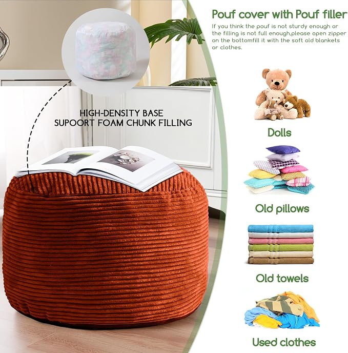 HIGOGOGO Round Stuffed Pouf Ottoman, Corduroy Poufs - Image 5