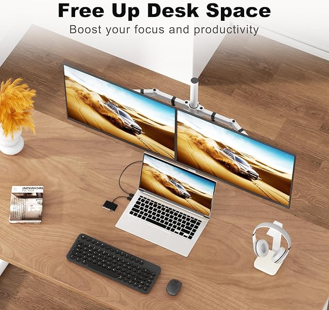 Suptek Dual LED LCD Monitor Stand up Desk Mount Extra Tall 31.5" Pole Heavy Duty Fully Adjustable Stand for 2 / Two Screens up to 27 inch,White (MD6842W)-DeskLoop Office